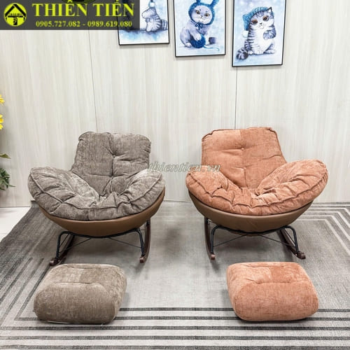 Ghế bập bênh nệm dày nâu + đôn (6)